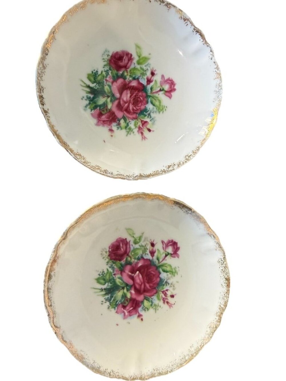 Vintage Set of 2 Floral Round Porcelain Butter Pat Dishes Scalloped Gold Trim